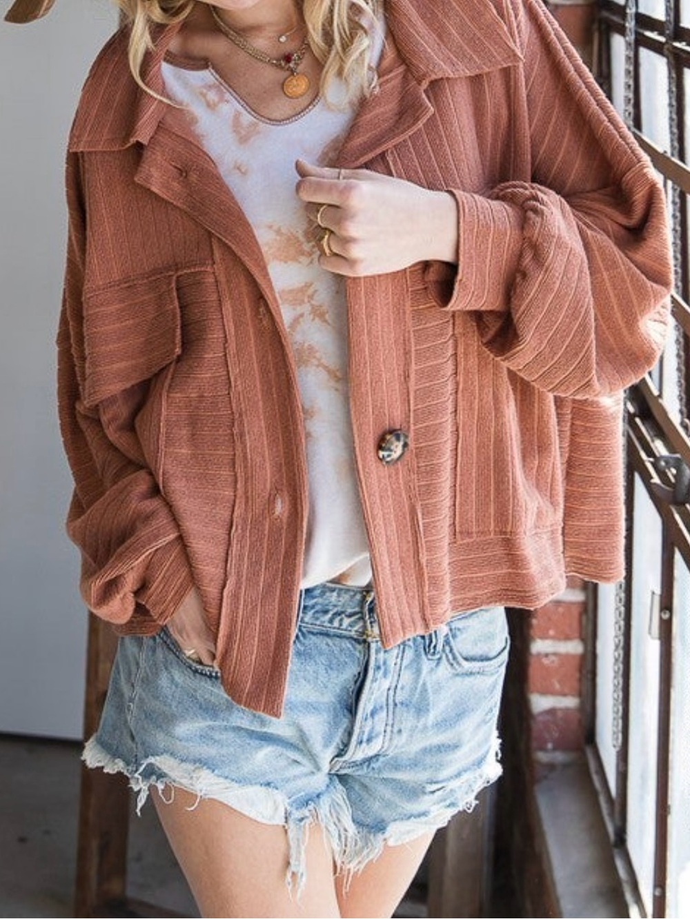 BUCKETLIST Ribbed Oversized Jean Jacket in Rust